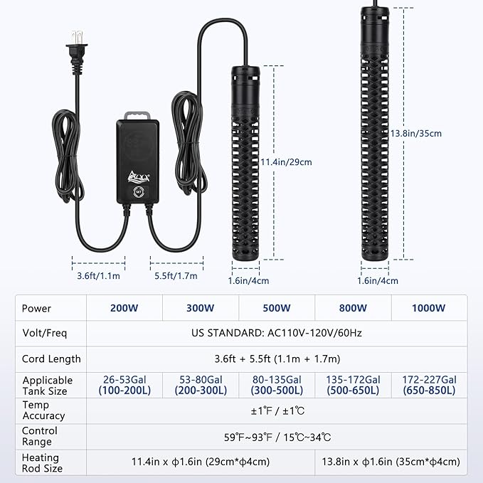 AQQA Aquarium Heater,Submersible Fish Tank Heater 59-93°F/15-34°C External Controller,Rapid Heating,Ultra-high Temperature Protection,Automatic Power-Off When Leaving Water (200W for 26-53 Gallon)-PawvioPets