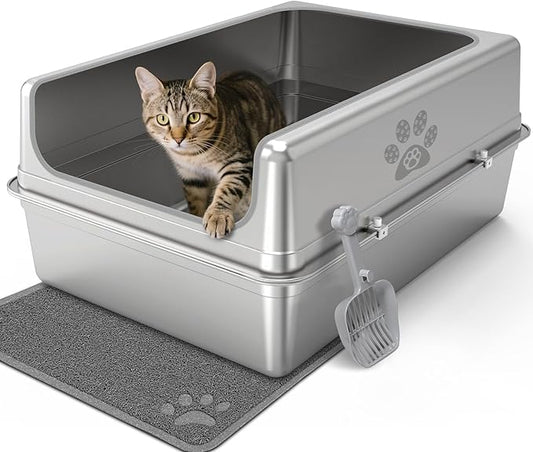 Enclosed Stainless Steel Cat Litter Box with Lid, Oversize Metal Litter Box for Multi Cats, Extra XXL Cat Toilet with High Side, Non-Stick, Anti-Leakage, Odorless, with Cat Litter Mat & Litter Scoop-PawvioPets