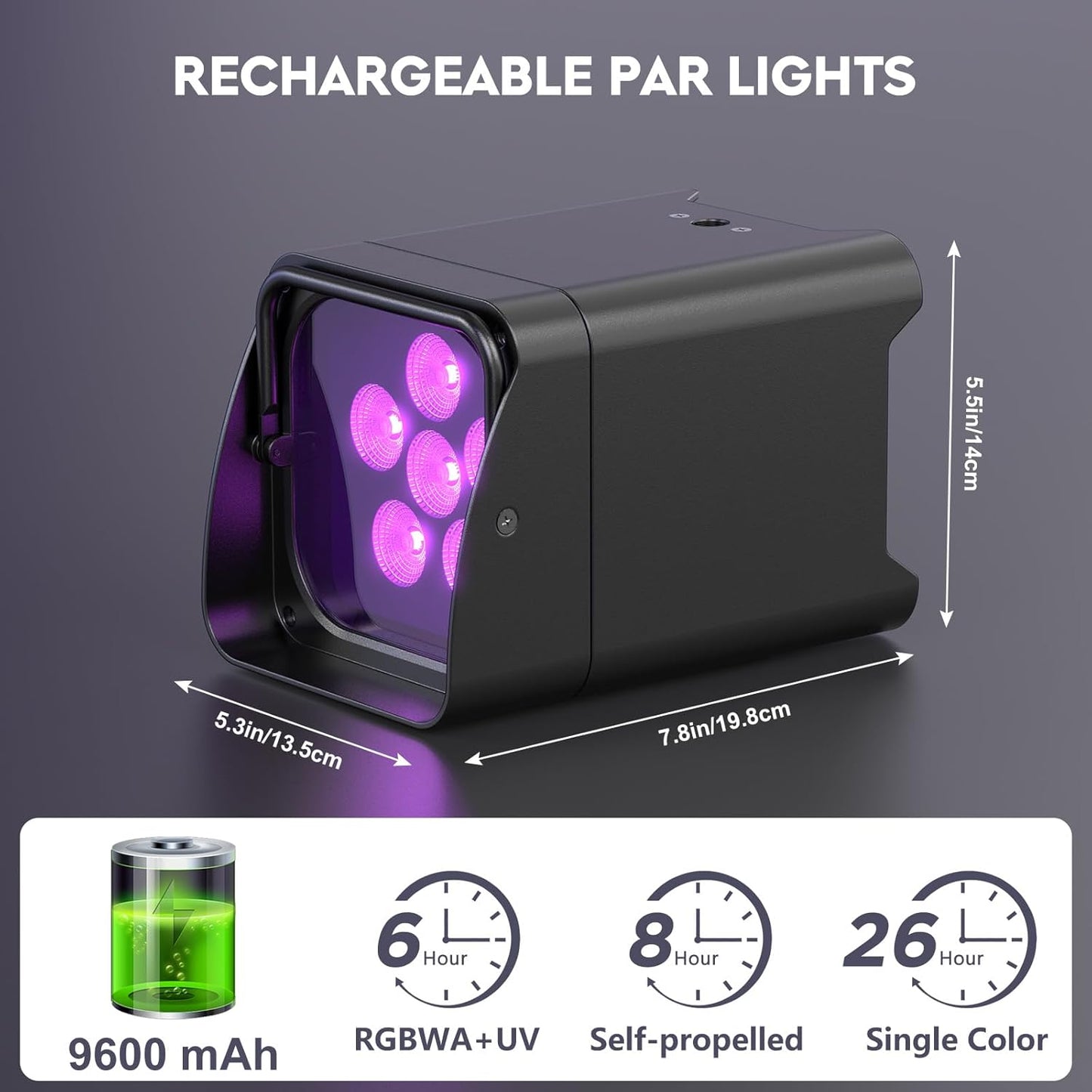 9600mAh Wireless Uplights, 6x18W RGBWA UV Rechargeable Stage Lights, APP/DMX512/Remote Controlled Par Lights, Battery Powered Uplights for Show, Party, Festival, Event, 4 Pack