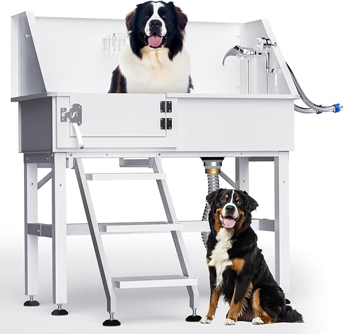 38" Dog Washing Station, Professional Stainless Steel Dog Bathing Station Dog Bathtub for Large & Medium Dog, Height Adjustable Dog Grooming Tub with Storage Basket, Movable Stair (Left Stair)-PawvioPets
