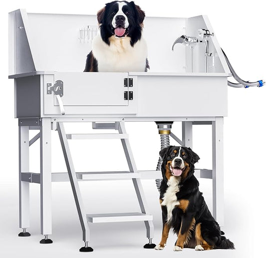 38" Dog Washing Station, Professional Stainless Steel Dog Bathing Station Dog Bathtub for Large & Medium Dog, Height Adjustable Dog Grooming Tub with Storage Basket, Movable Stair (Left Stair)-PawvioPets