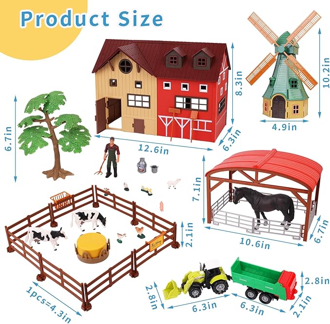 Farm Animals Figurines Toys -140 pcs Toy Set Barn Toy Horse Stable Tractor Trailer Windmill Farmer Fence Playset for Kids Toddlers Boy Girl 3-7 Years Old-PawvioPets