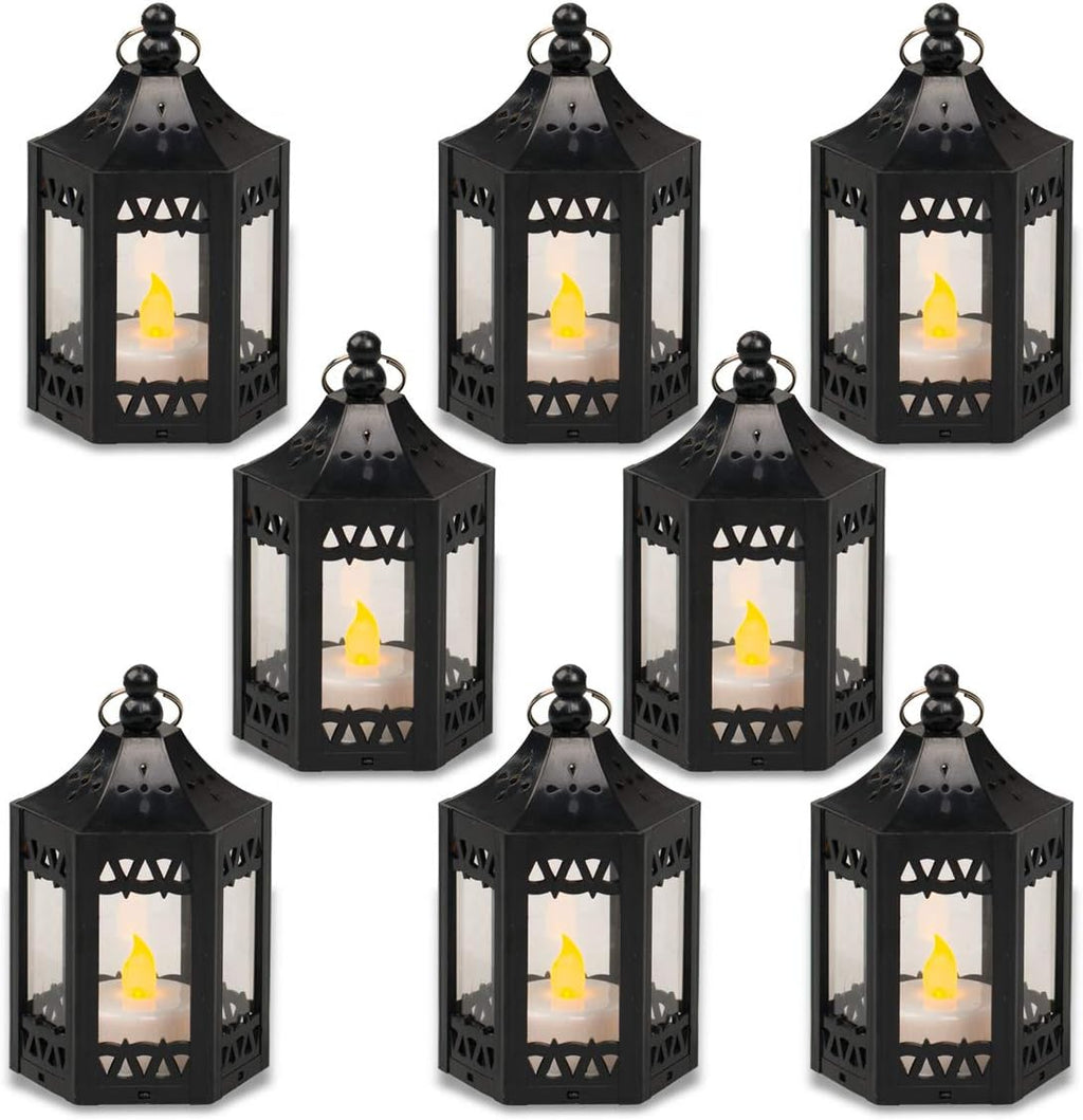 zkee Mini Star Lantern with Flickering LED,Battery Included,Christmas Decorative Indoor Candle Lantern（Set of 8,Black）