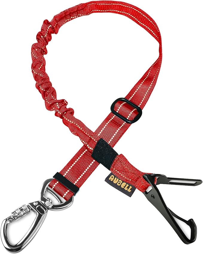 AUBELL Dog Seat Belt for Car,Updated 3-in-1 Adjustable Reflective Bungee Heavy Duty Dog Car Harness Tether with Clip Hook Latch & Buckle,Swivel Zinc Alloy Carabiner,Red-PawvioPets