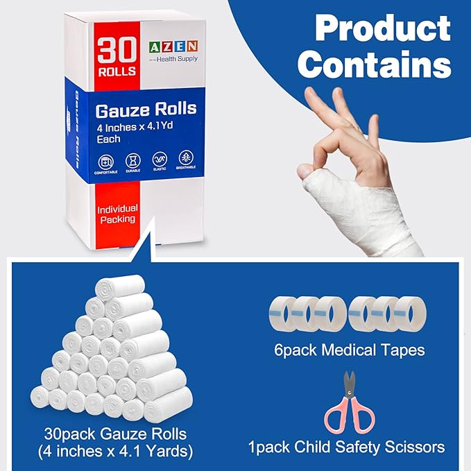 AZEN 30 Pack Gauze Rolls Bandages, 4 in x 4.1 Yards, Premium Medical Supplies & First Aid Supplies, Bandage Wrap Vet Wrap, Mummy Wraps-PawvioPets