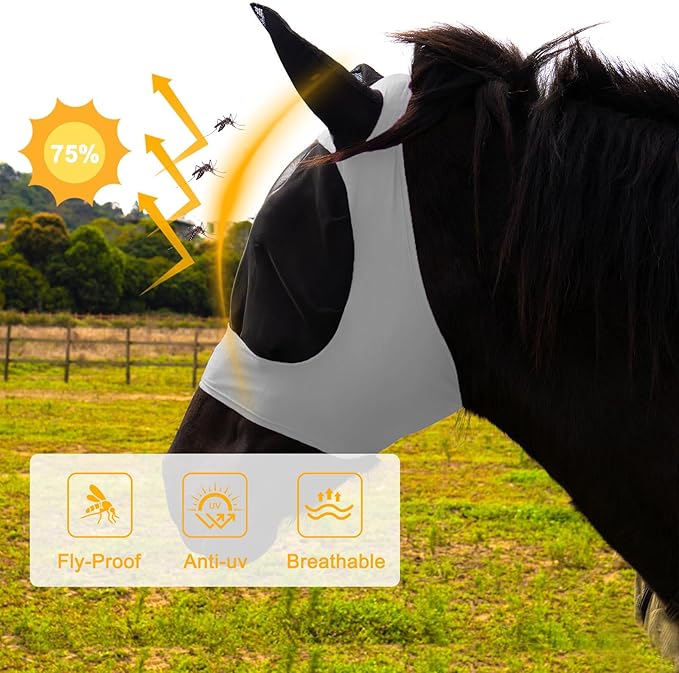 2 Piece Horse Fly Mask with Ears, Comfortable Fit Stretch Fabric Big Eye Space Soft Breathable with UV Protection for Full Horses (Purple-Gray)-PawvioPets