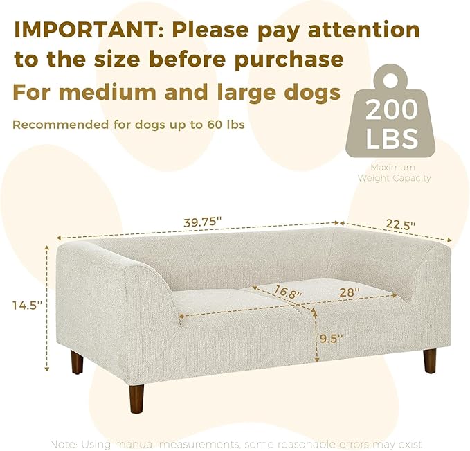 Dog Sofa Couch for Medium to Large Dogs, Memory Foam Dog Sofa Bed, Modern Elevated Pet Couch Bed with Wooden Legs for Medium and Large Dogs, Dark Beige-PawvioPets
