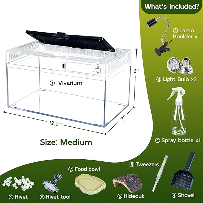 12.5''×6''×7'' Reptile Tank Kit with Heat Lamp, Spray Bottle, Shovel, Tweezers, Food Bowl, Hideout -Perfect for Geckos, Snakes, Lizards, Turtles, Jumping Spider,Milk Frog,Hermit Crabs-PawvioPets
