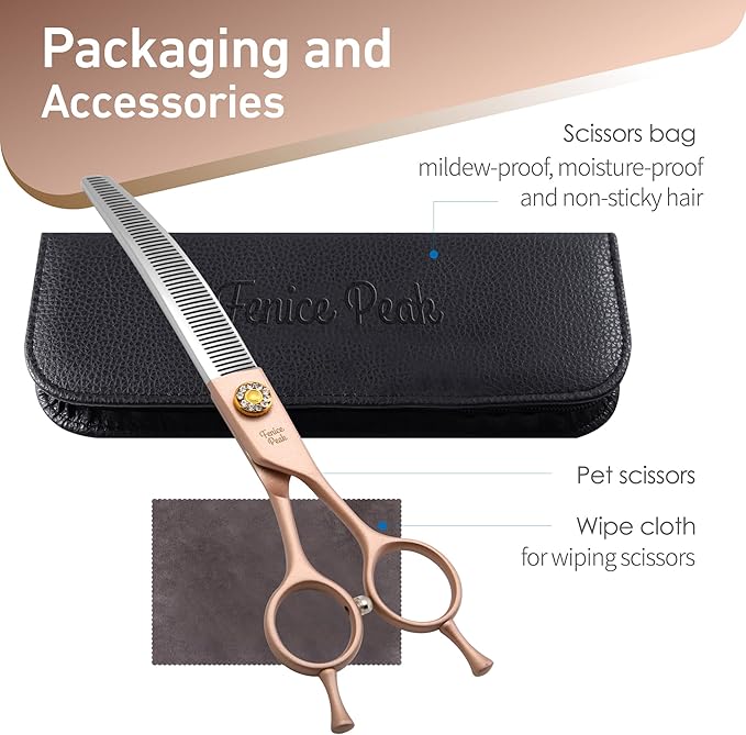Fenice Peak Professional Curved Thinner Dog Grooming Scissors 7.0'' Rose Gold Thinning Shears Extremely Sharp Blades 440C Stainless Steel Thinning Shears Durable Smooth Fine Cut for Dogs and Cats.-PawvioPets