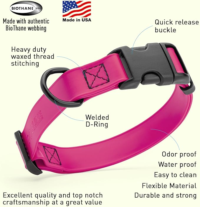 Dogline Biothane Waterproof Dog Collar with Quick Release Buckle Strong Coated Nylon Webbing with Odor- Proof for Easy Care Easy to Clean Fits Small Medium Large Dogs, Magenta Pink 3/4" W 12-19" L-PawvioPets