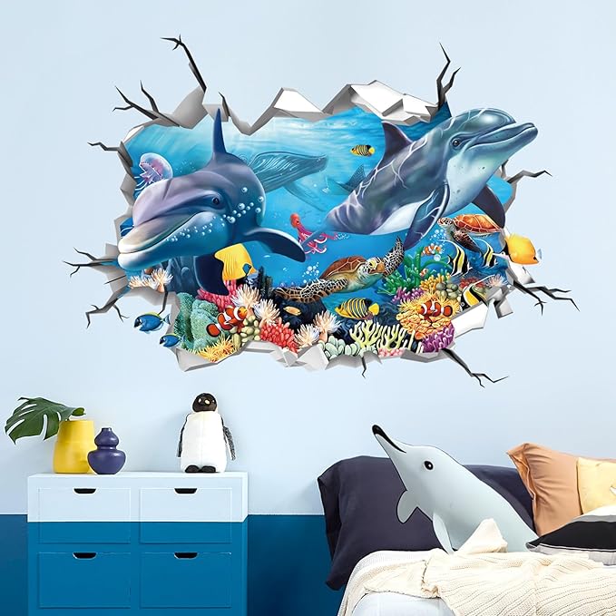 decalmile 3D Under The Sea Dolphin Fish Wall Decals Ocean Turtle Seaweed Broken Wall Stickers Boys Bedroom Living Room Bathroom Wall Decor-PawvioPets
