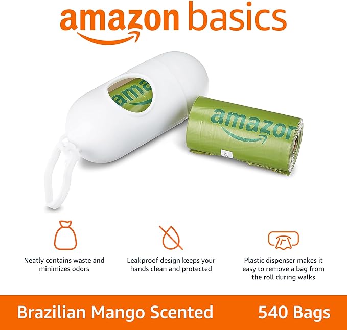 Amazon Basics Dog Poop Bags with Dispenser, 540 Count, Enhanced for Guaranteed Leakproof, Brazilian Mango Scented, Includes Leash Clip-PawvioPets