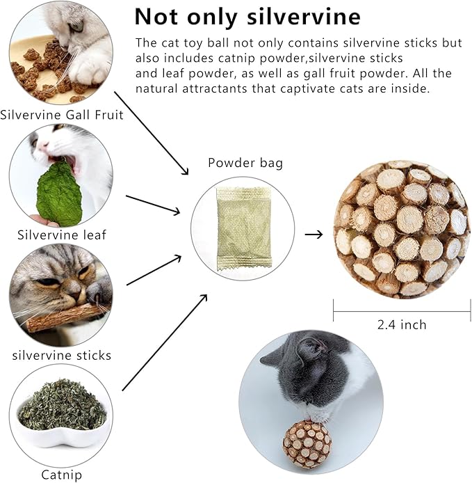 3PCS Cat Ball Toy,Silvervine Ball with Catnip Gall Fruit silvervine Sticks Powder Inside,Catnip Toys for Indoor Cats,Kitten Cleaning Teeth Cat Chew Toy-PawvioPets