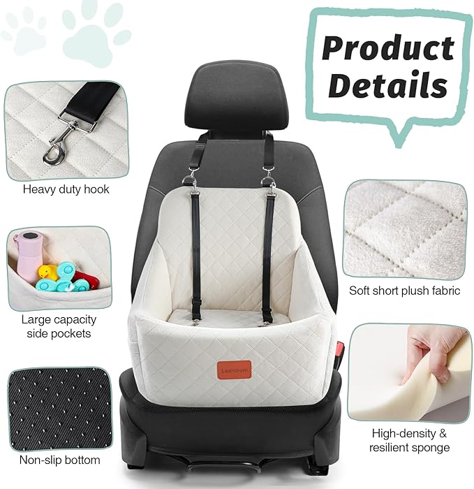 Dog Car Seat for Medium Dogs,Easy to Install with Adjustable Straps,Anti-Slip Bottom,Fully Detachable and Washable,Soft Fabric Fill in Memory Foam,Two Side Pockets(Beige,Medium)-PawvioPets