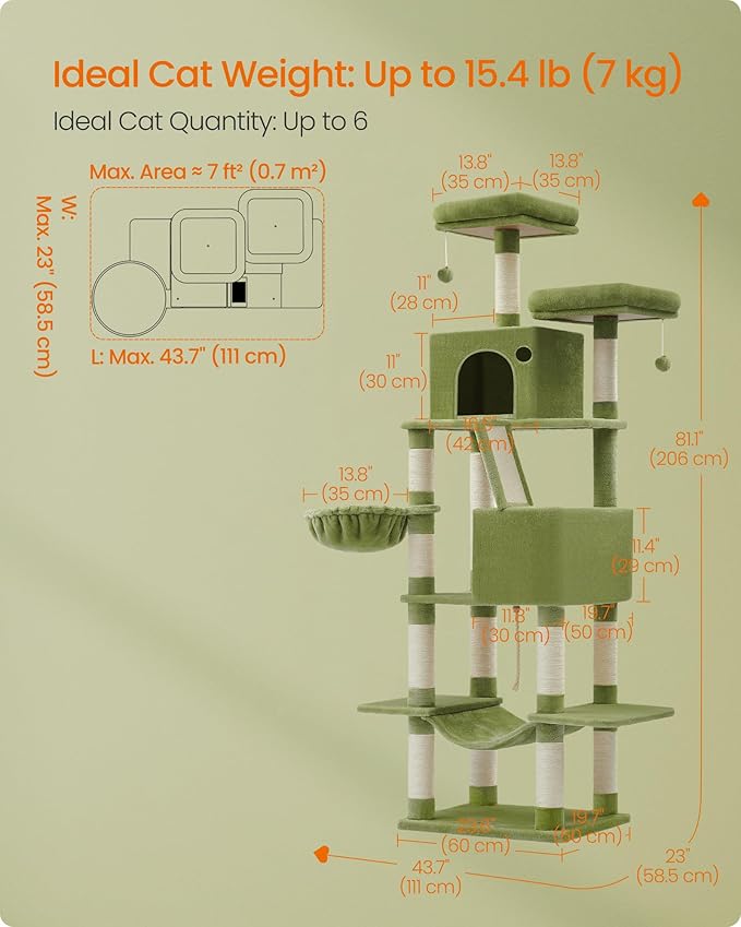 Feandrea Cat Tree, 81.1-Inch Large Cat Tower with 13 Scratching Posts, 2 Perches, 2 Caves, Basket, Hammock, Pompoms, Multi-Level Plush Cat Condo for Indoor Cats, Green UPCT190C01-PawvioPets
