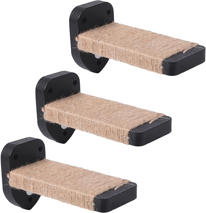 3pcs Wall Steps for Cats, Climbing Mounted Furniture, Shelves With Hemp Rope Covered, Solid Wood Ladder for Playing and Climbing (Large-Black)-PawvioPets