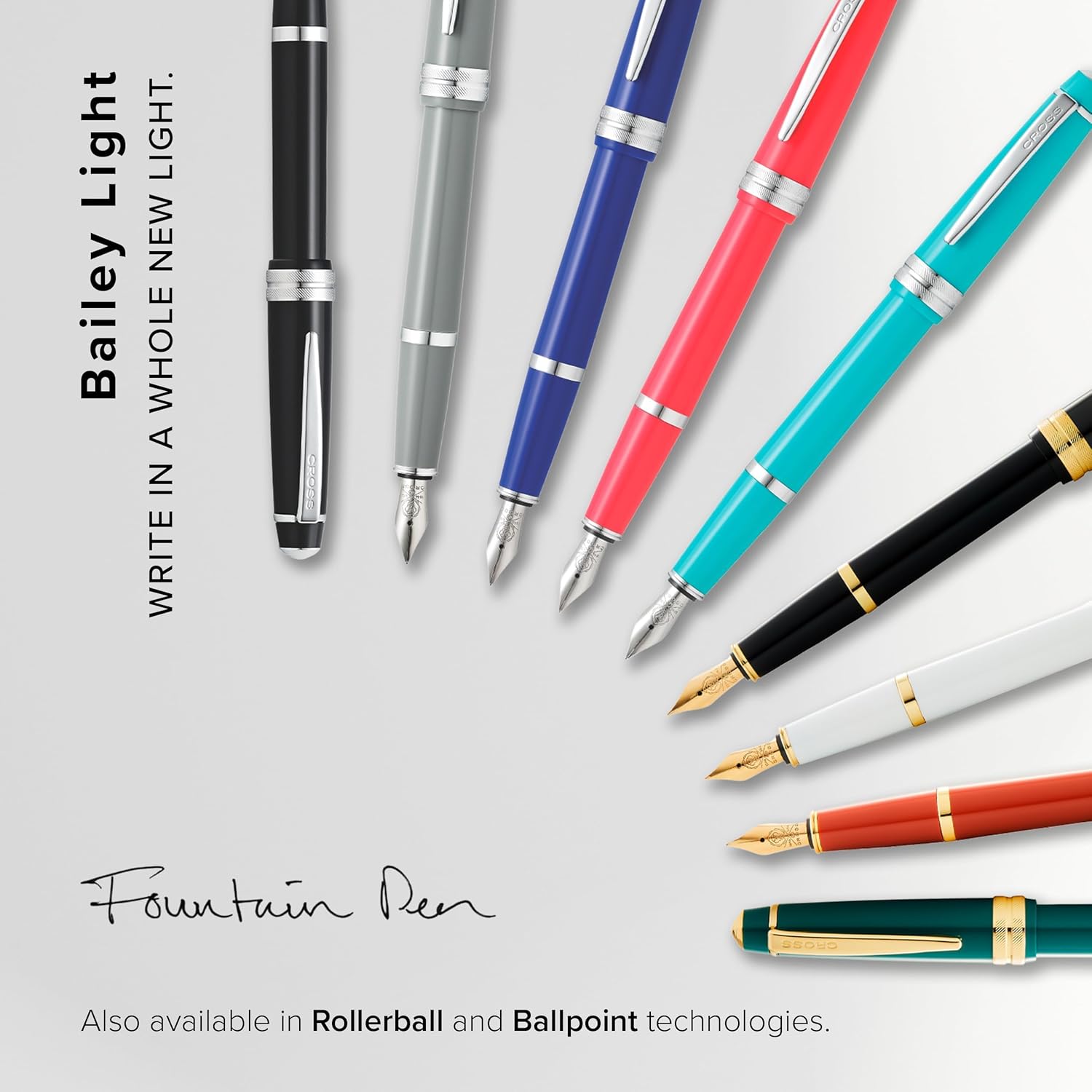 Cross Bailey Light Refillable Fountain Presented in a Everyday Gift Box - Medium Point, Black Ink, Polished Gray