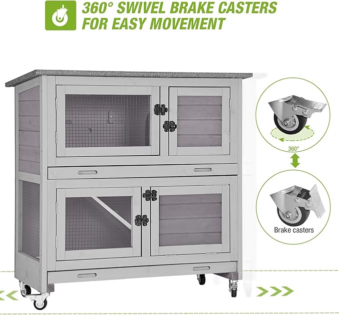 2 Story Rabbit Hutch Indoor Outdoor Rabbit Bunny House Guinea Pig Cage Wooden Pet House for Small Animals with 2 Large Rooms, Chewproof Ramp, Ventilation Door, Removable Trays (Grey)-PawvioPets