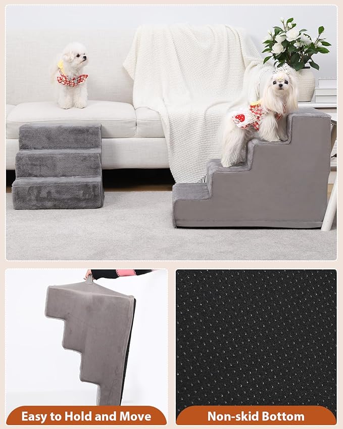 Dog Stairs for Small Dogs,17.5" 4-Step Pet Stairs for High Beds and Couches，Dog Steps with Non-Slip Bottom and High-Density Foam Indoor Outdoor,Grey-PawvioPets