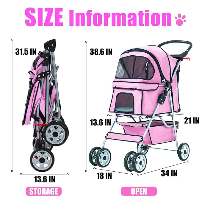 Dog Stroller, Folding 4 Wheels Pet Stroller for Small Medium Dog Cat Travel Carrier with Weather Cover Storage Basket Cup Holders Pink-PawvioPets