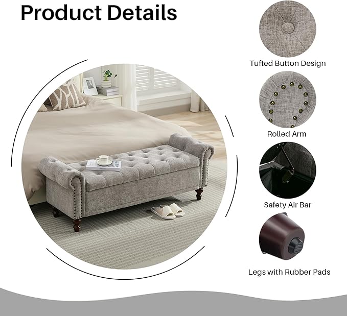 58.1'' Storage Bench Upholstered Chenille End of Bedroom Bed Bench Ottoman with Tufted Cushioned Rolled Arm Large Storage Space for Reading Living Room Entryway, Light Grey-PawvioPets