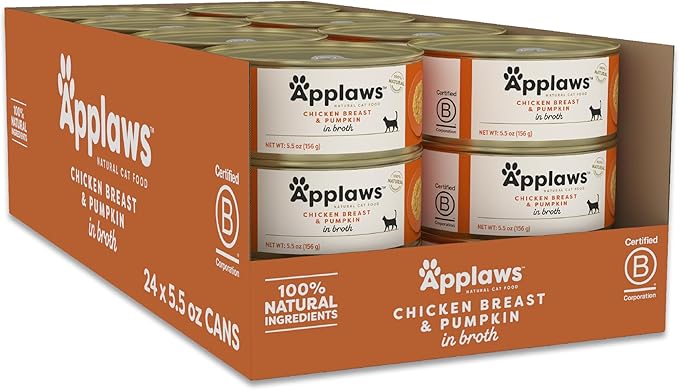 Applaws Natural Wet Cat Food, 24 Count, Limited Ingredient Canned Wet Cat Food, Chicken Breast with Pumpkin in Broth, 5.5oz Cans-PawvioPets