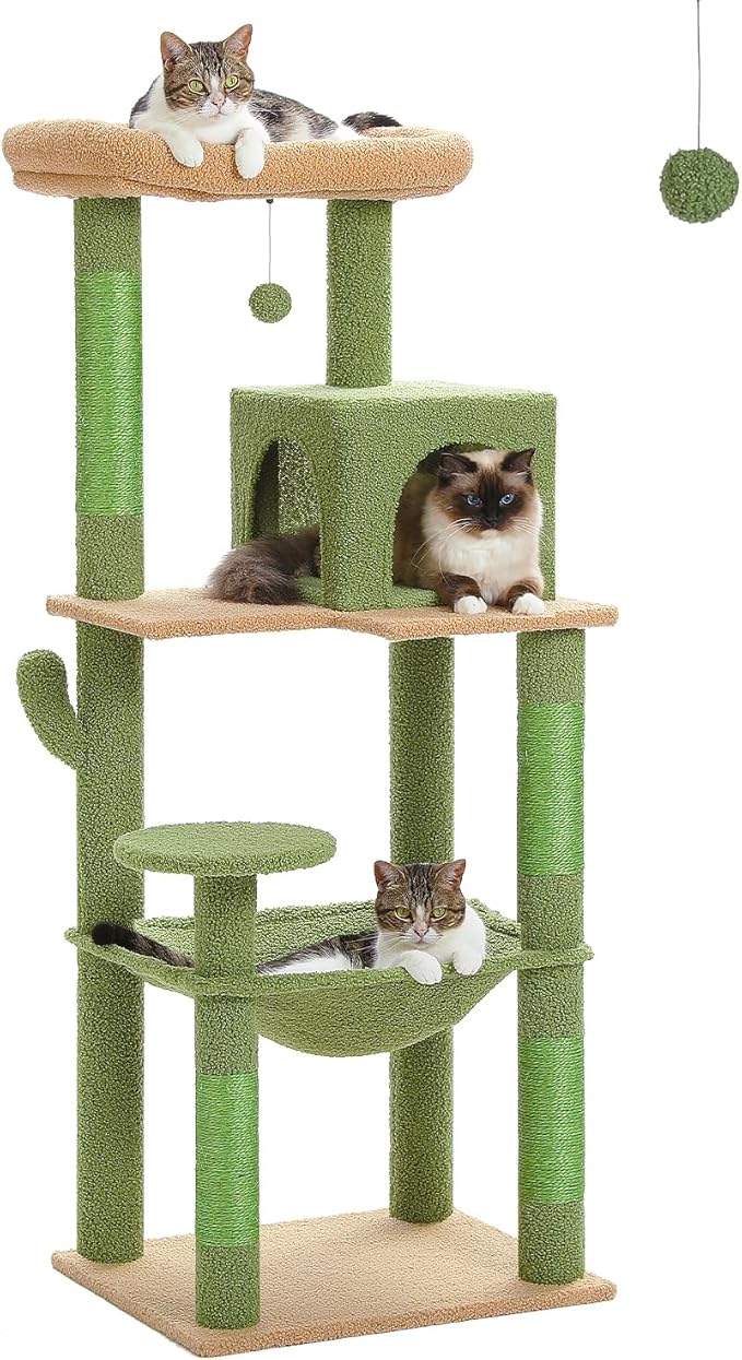 Cactus Cat Tree for Large Cats with Metal Plush Big Hammock, 56.3" Cat Tower for Indoor Cats with 2 Door Condo House, 6-Tier Cat Shelves with Scratching Posts and Large Top Perch,Green-PawvioPets