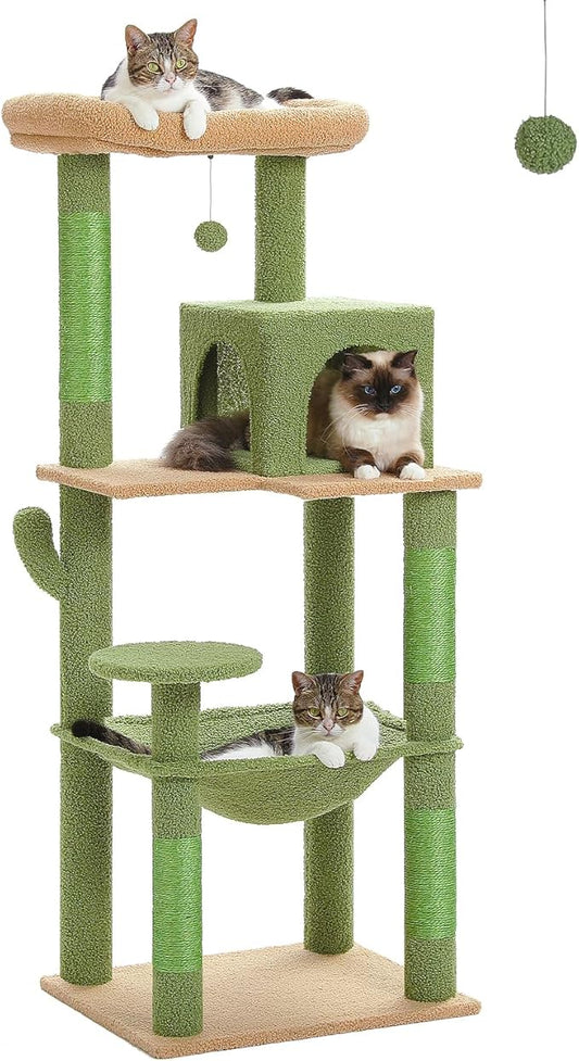 Cactus Cat Tree for Large Cats with Metal Plush Big Hammock, 56.3" Cat Tower for Indoor Cats with 2 Door Condo House, 6-Tier Cat Shelves with Scratching Posts and Large Top Perch,Green-PawvioPets