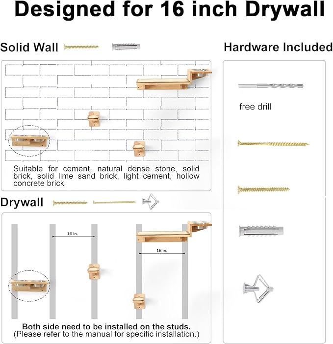 FUKUMARU Cat Wall Shelves, 3 In 1 Cats Walls Furniture Set, Food Station with 2 Steps , Solid Rubber Wood Perch, Suitable for Kitten Play, Nap, Eat, DIY Wall Jungle Gym-PawvioPets