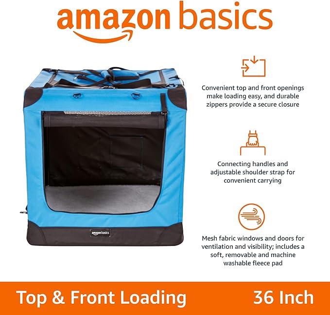 Amazon Basics Folding Portable Soft Pet Dog Crate Carrier Kennel, 36 x 24 x 24 inches, Blue-PawvioPets