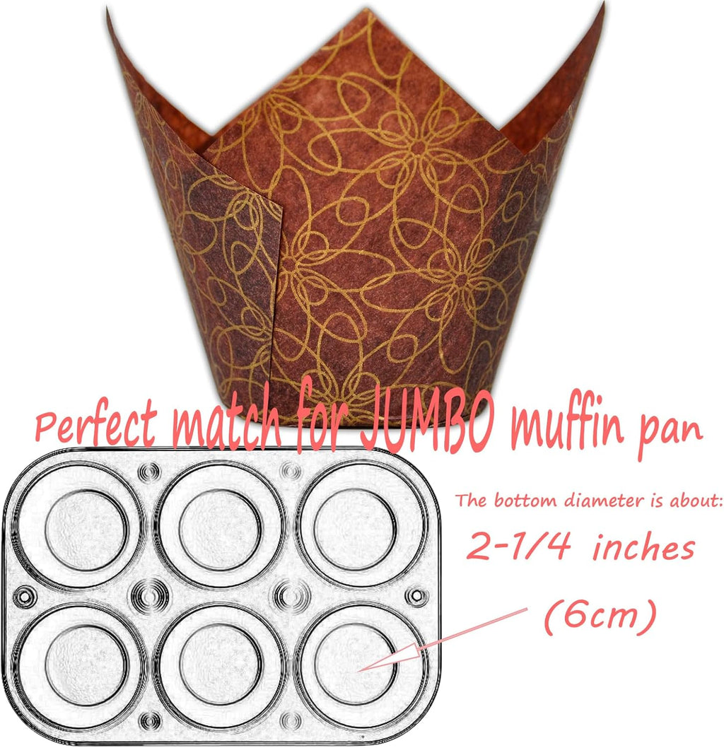 (JUMBO Large size) Brown Golden pattern Tulip Baking Cups 2-1/4"(Base diameter) x 3-3/4"(Wall height) Greaseproof paper Muffin liners, Case of 130 pcs