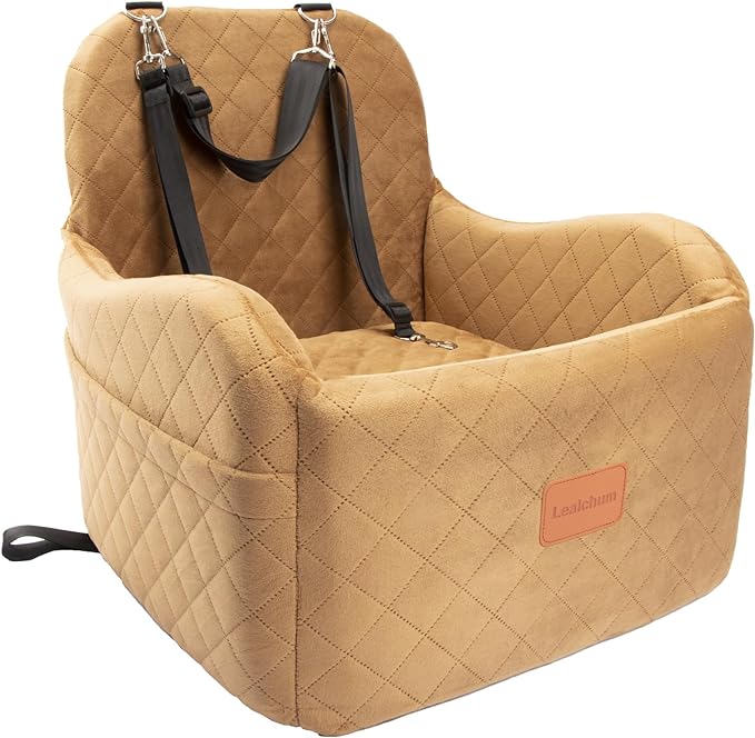 Dog Booster Car Seat for Small/Medium Dogs,Ultra Soft Fabric Filling Memory Foam,Fully Detachable and Washable,Anti-Slip Base,3 Straps Easy to Install(Coffee,Medium)-PawvioPets