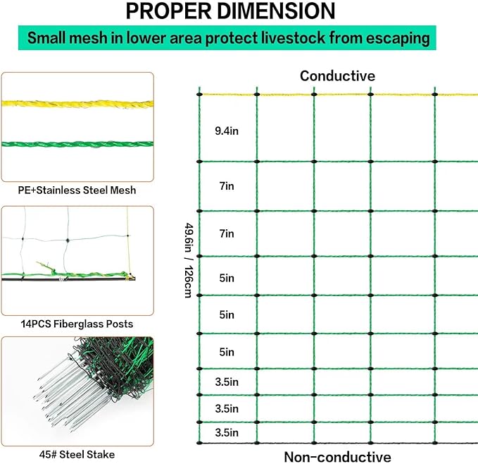Electric Fence Netting, 49.6" H x 164' L, PE Net Fencing Kit with 14 Posts Double Spiked, Utility Portable Mesh for Sheep Hogs Goats Deer Dogs Lambs Used in Backyards Farms Ranches Patio, Green-PawvioPets