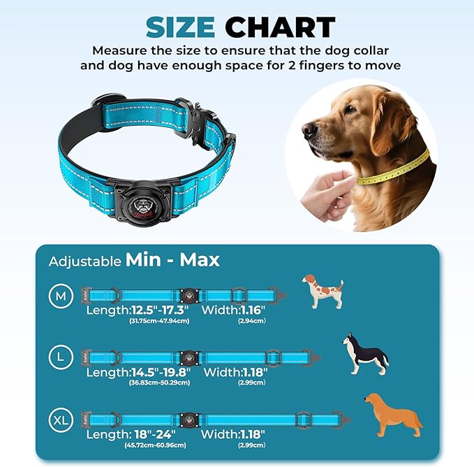 2025 Upgrade Airtag Dog Collar, Reflective Dog Collar with Airtag Holder, IP68 Waterproof| Metal Buckle| Ultra-Durable| Comfortable Padded, GPS Dog Collars for Medium Large Dogs (Blue,M)-PawvioPets