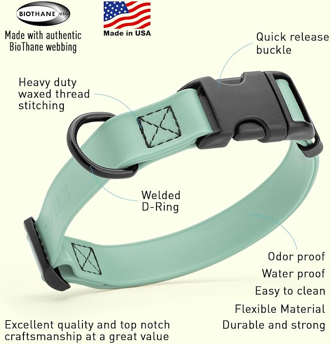 Dogline Biothane Waterproof Dog Collar with Quick Release Buckle Strong Coated Nylon Webbing with Odor- Proof for Easy Care Easy to Clean Fits Small Medium Large Dogs, Sage Green 3/4" W 12-19" L-PawvioPets