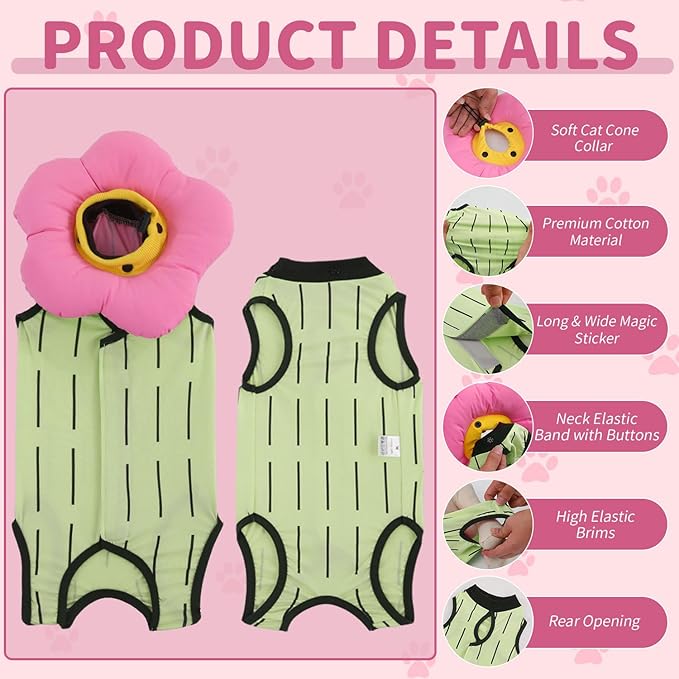 EMUST Cute Cat Recovery Suit and Adjustable Flower Cone Collar Set - Soft Surgical Suit for Abdominal Wounds, Cat Cones After Surgery for Female Kittens Under 4lb (Green)-PawvioPets