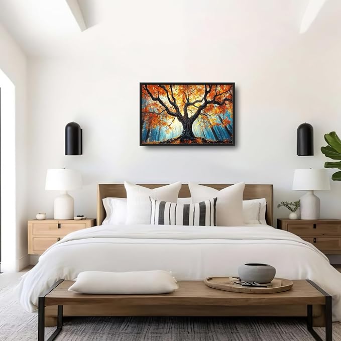 Extra Large Tree of Life Framed Wall Art for Living Room,Fall Autumn Forest Sunrise Landscape Pictures Wall Decor,Nature Canvas Print Painting Modern Artwork Bedroom Office 36L" x 24W"-PawvioPets
