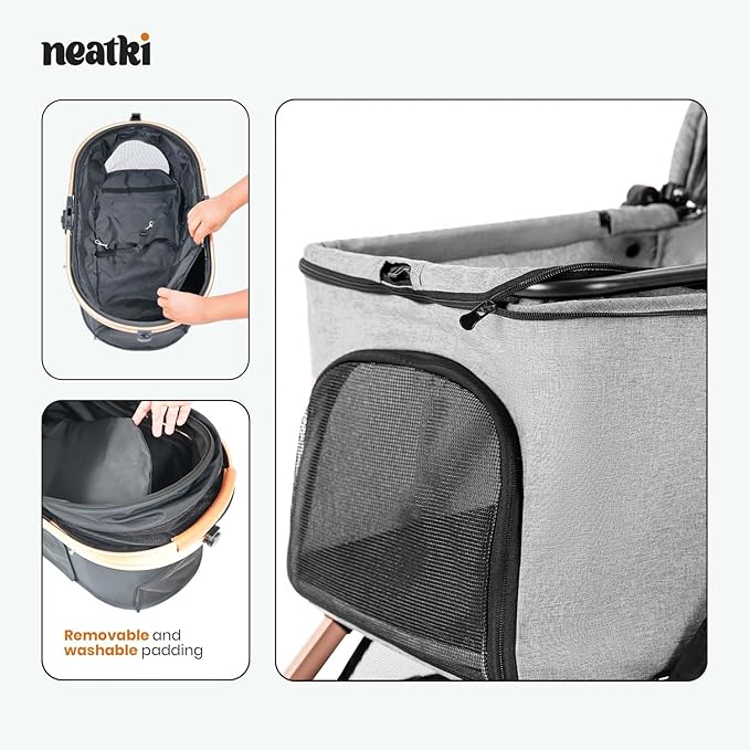 Foldable Pet Stroller for Dogs and Cats, 33 lbs Capacity, 360° Swivel Front Wheels, One-Click Fold, Brake System, Leash & Lock Clips, Removable Washable Padding, and Cup Holder (Gray, 33 lbs)-PawvioPets