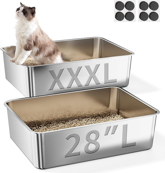 2 Pack Cat Pan Giant 28" Extra Large Stainless Steel Cat Litter Pan Metal Cat Litterbox for Big Cats and Multiple Cats, Anti-Leakage, Easy Cleaning-PawvioPets