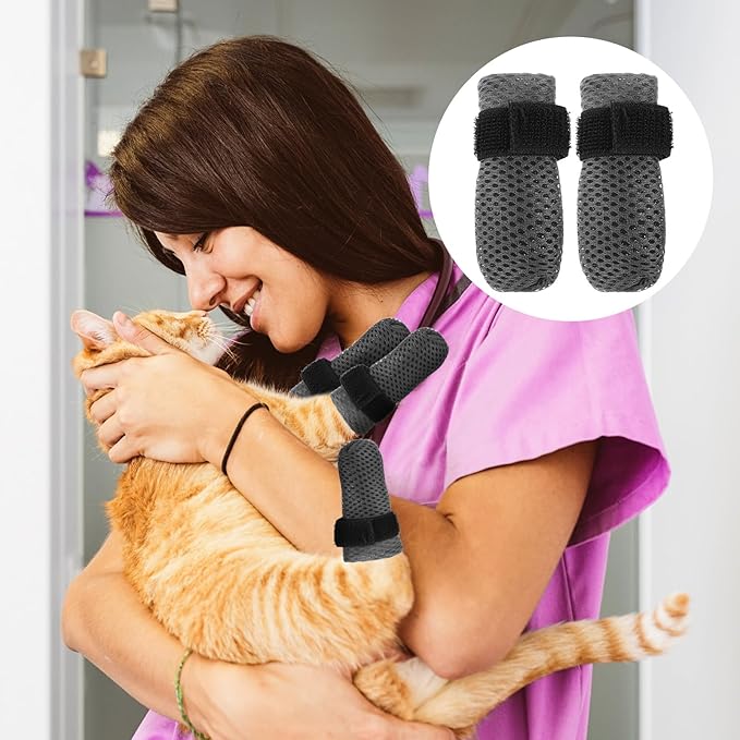 4Pcs Cat Shoes, 3.62×1.57 Inches Anti Scratch Cat Mittens, Breathable Mesh Nail Caps for Cats Claws, Adjustable Cats Claw Covers for Pet Bathing Feeding Cutting Nails(Gray)-PawvioPets