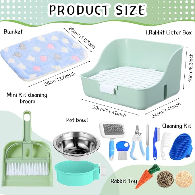15 Pcs Rabbit Starter Kit Small Rabbit Litter Box Animal Grooming Kit Bunny Toys Bowl Blankets with Cleaning Set for Guinea Pig Accessories(Green)-PawvioPets
