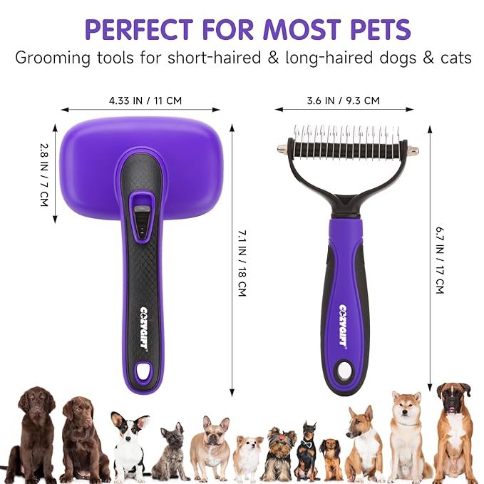 Dog Brush Kit – 3 PCS Grooming Set with Self-Cleaning Brush, Undercoat Rake & Pet Bath Brush. Great for Shedding, Tangles & Dirt Removal – Ideal for Long & Short Haired Dogs & Cats, Purple-PawvioPets