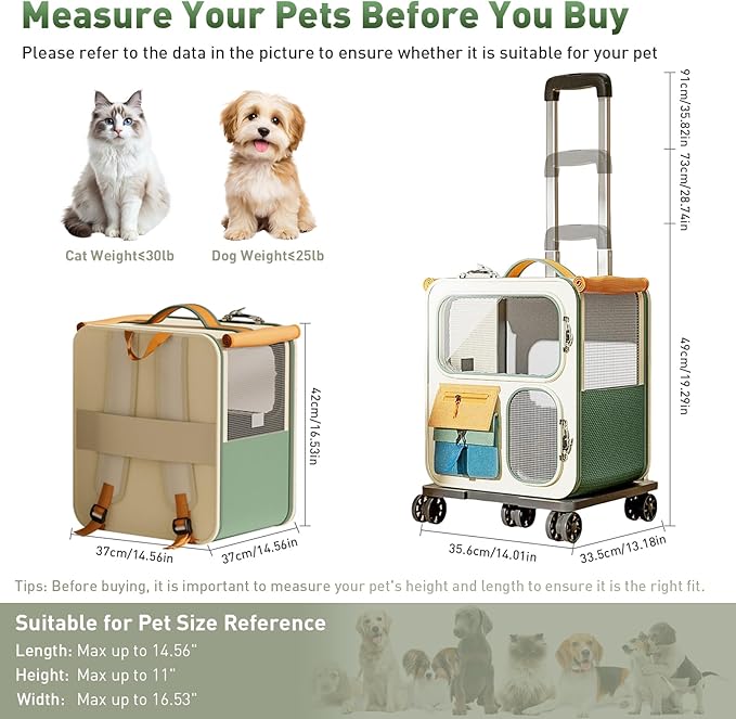 Cat Carrier with Wheels, Soft Rolling Pets Carrier Collapsible on Wheel Pet Handbag Cats Backpack, Dog Carriers up to 25 LBs Removable Cat Bag for Small Dogs Medium Cats Outing(NOT for TSA)-PawvioPets