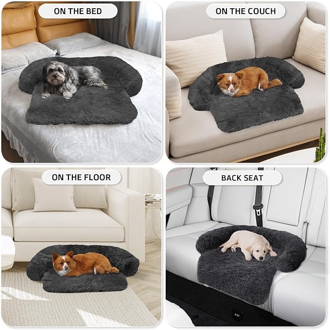 Calming Dog Bed Fluffy Plush Dog Mat for Furniture Protector with Removable Washable Cover for Large Medium Small Dogs and Cats (XS(31“x23.5”x5“), Dark Grey)-PawvioPets