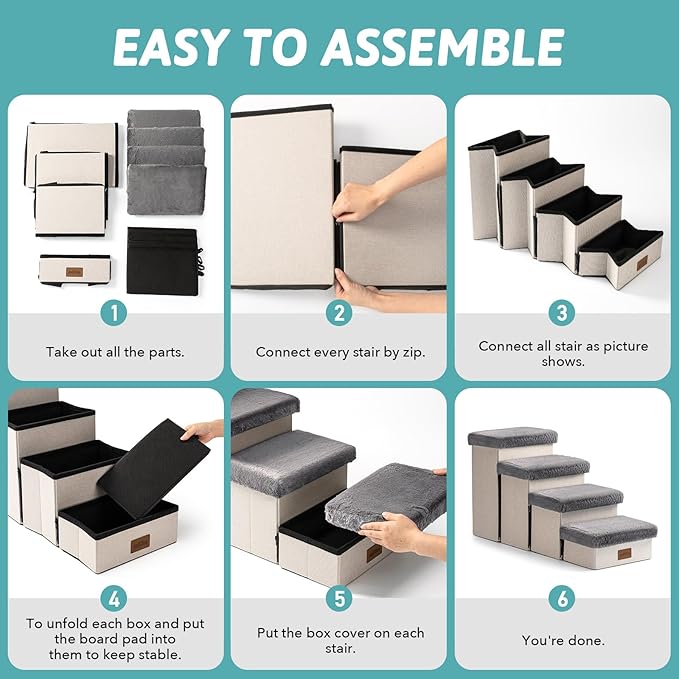 Dog Stair for Small Dogs with Storage, Foldable Pet Step with Soft Cover, Older Cat Ramp for Chair Couch Sofa, Lightweight, Durable, Comfort, 24.8x13x13.6 inch, 3 Tiers, Grey-PawvioPets