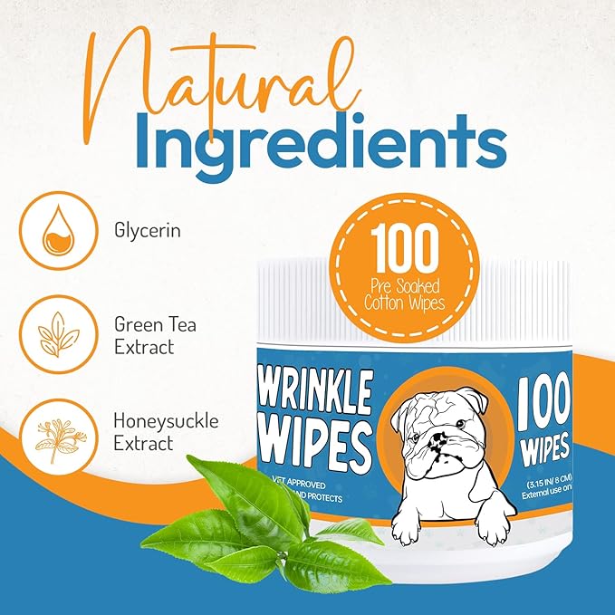 Bulldog Wrinkle Wipes for Dogs – Deodorizing & Soothing with Honeysuckle Extract – Non-Irritating, Cleans Wrinkles, Folds, Paws & Tail Pockets – for Bulldogs, Pugs & Frenchies (100 Count)-PawvioPets