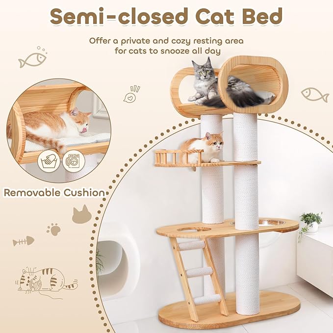 63'' Tall Modern Cat Tree for Indoor Cats, Luxury Cat Tree, Multi-Level Wood Climb Tower for Large Cat, Heavy Duty Kitty House with Transparent Bowl, Large Perches with Removable Cushion-PawvioPets