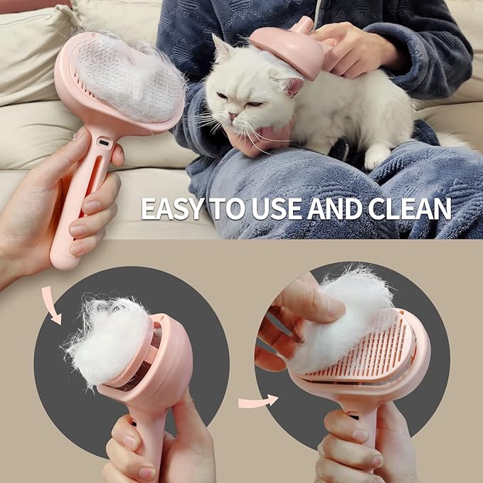 3-in-1 Steam Brush with Release Button and Tank, Anti-Static Pet Brush for Long and Short Hair - Removes Tangles and Loose Hair (Pink)-PawvioPets