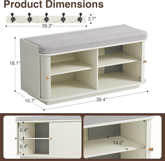 Cream White 39.4" W 2-Tier Shoe Bench with Storage | Entryway Bench with Padded Cushion, Sliding Doors & 5 Hooks-PawvioPets