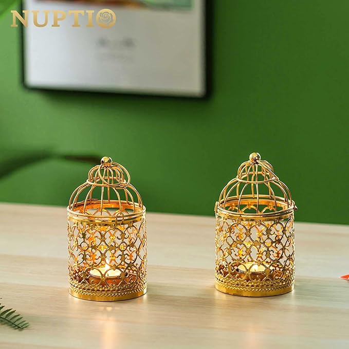 6 Pcs Small Metal Tealight Hanging Birdcage Lantern, Vintage Decorative Centerpieces of Wedding, Party, Gold-PawvioPets